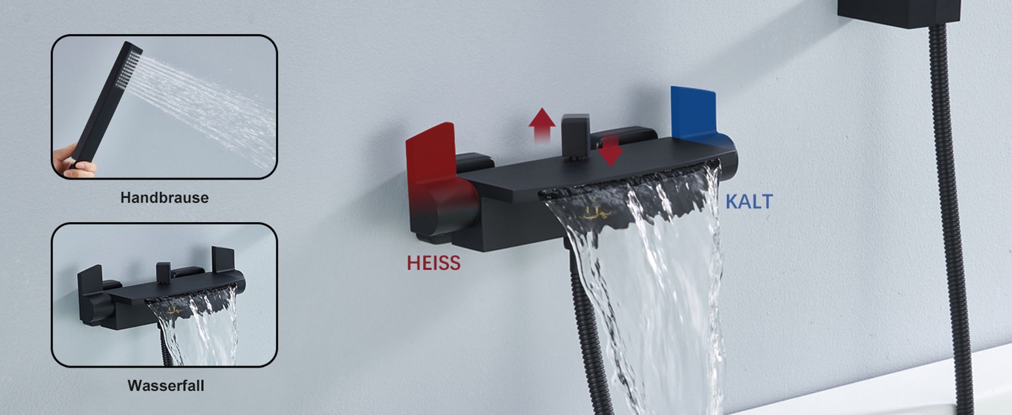 Homelody Wasserfall Badewannenarmatur mit Regal，Wannenarmatur mit Handbrause，Badewanne Armatur Duscharmatur für Bad, Schwarz matt，Komplett Duschset