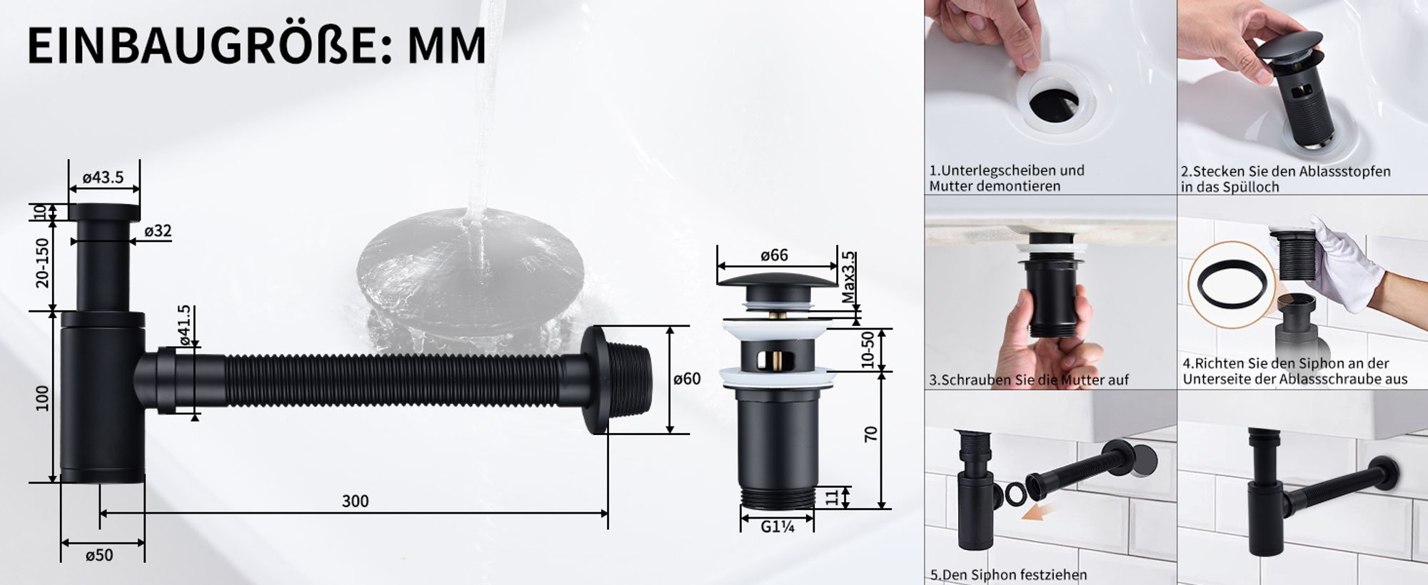 Siphon Pop Up Ablaufgarnitur mit Überlauf Universal Röhrensiphon Set für Waschbecken Waschtisch Bad Geruchsverschluss Stöpsel Abfluss Garnitur Schwarz