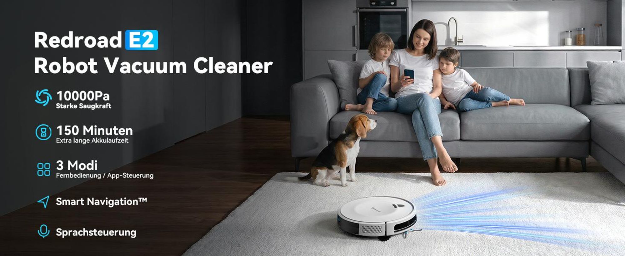 Staubsauger Roboter 10000Pa-Redroad E2 -Ultradünn & Leise, 150 Min Laufzeit, Ideal für Teppiche, Tierhaare und Hartböden, mit WiFi/Alexa/App-Steuerung
