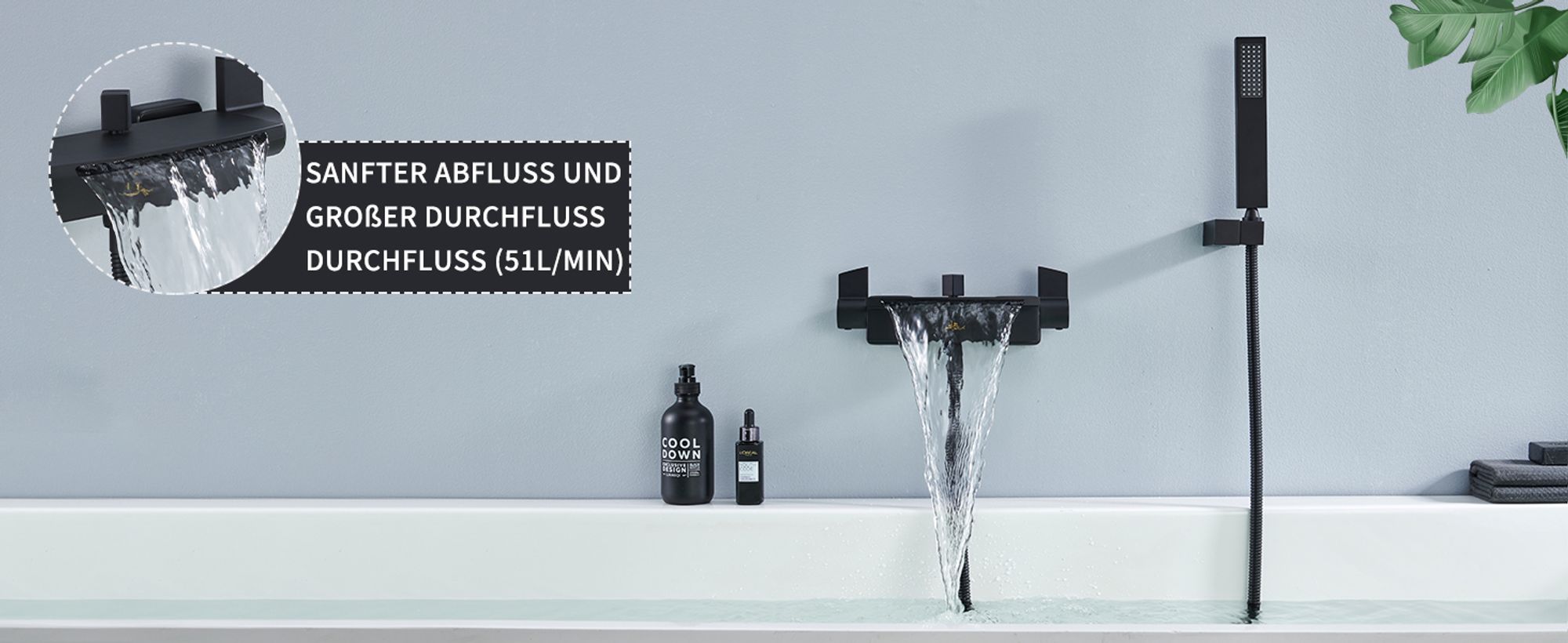 Homelody Wasserfall Badewannenarmatur mit Regal，Wannenarmatur mit Handbrause，Badewanne Armatur Duscharmatur für Bad, Schwarz matt，Komplett Duschset