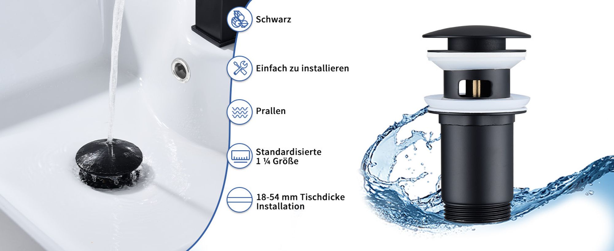HOMELODY Ablaufgarnitur Pop-Up Ventil für Waschbecken 1 1/4 Zoll aus Messing Abflussgarnitur für Waschtisch mit Überlauf, Matt Schwarz