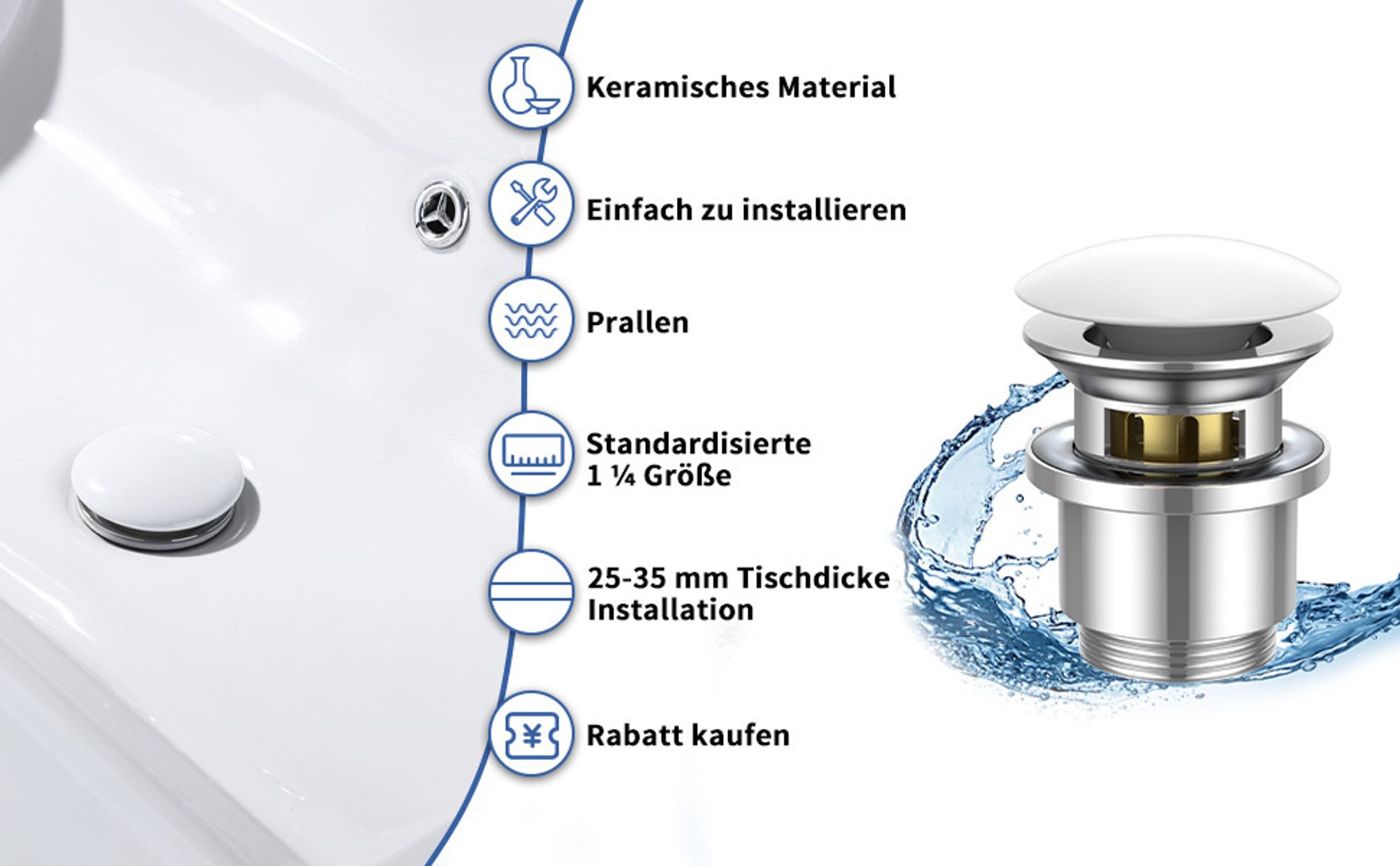 Keramik Pop-Up Ablaufventil Ablaufgarnitur Universal Weiß Pop Up Ventil für Waschbecken Waschtisch Ablauf Runder Keramikdeckel mit Überlauf