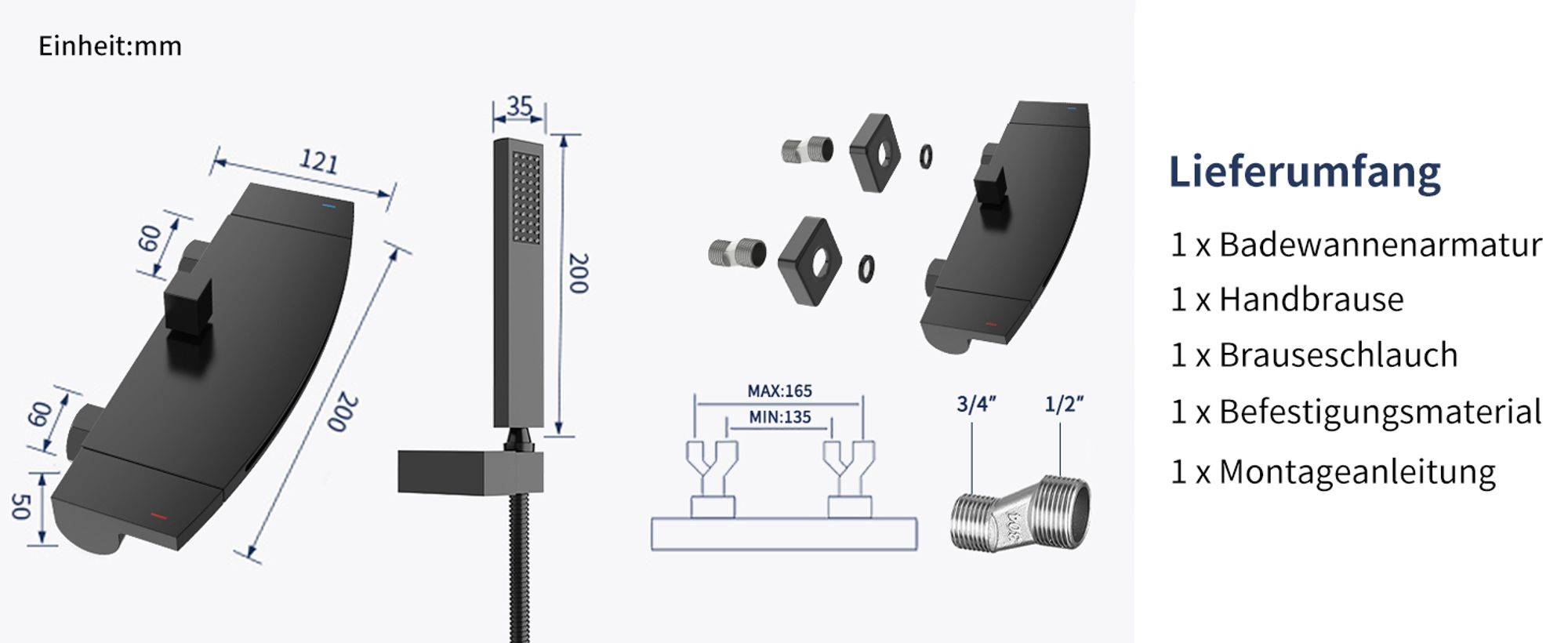 Homelody Wasserfall Badewannenarmatur mit Regal，Wannenarmatur mit Handbrause，Badewanne Armatur Duscharmatur für Bad, Schwarz matt，Komplett Duschset