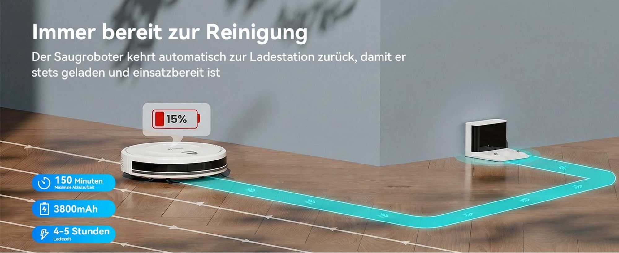 Staubsauger Roboter 10000Pa-Redroad E2 -Ultradünn & Leise, 150 Min Laufzeit, Ideal für Teppiche, Tierhaare und Hartböden, mit WiFi/Alexa/App-Steuerung