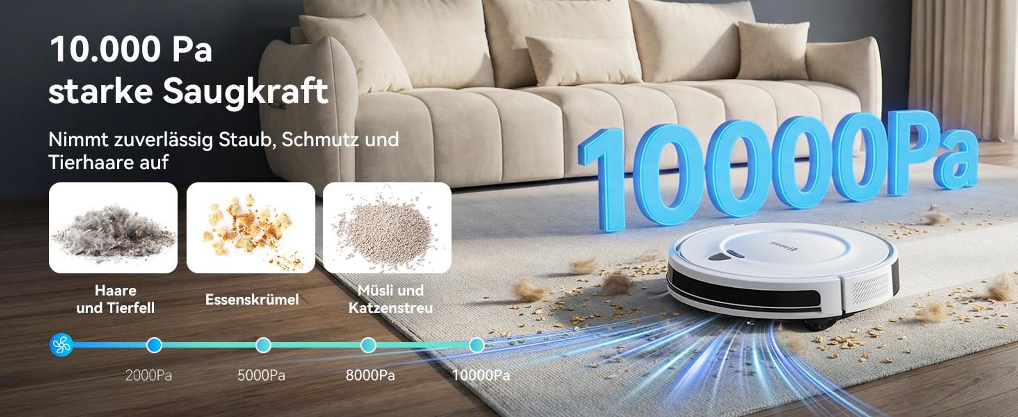 Staubsauger Roboter 10000Pa-Redroad E2 -Ultradünn & Leise, 150 Min Laufzeit, Ideal für Teppiche, Tierhaare und Hartböden, mit WiFi/Alexa/App-Steuerung