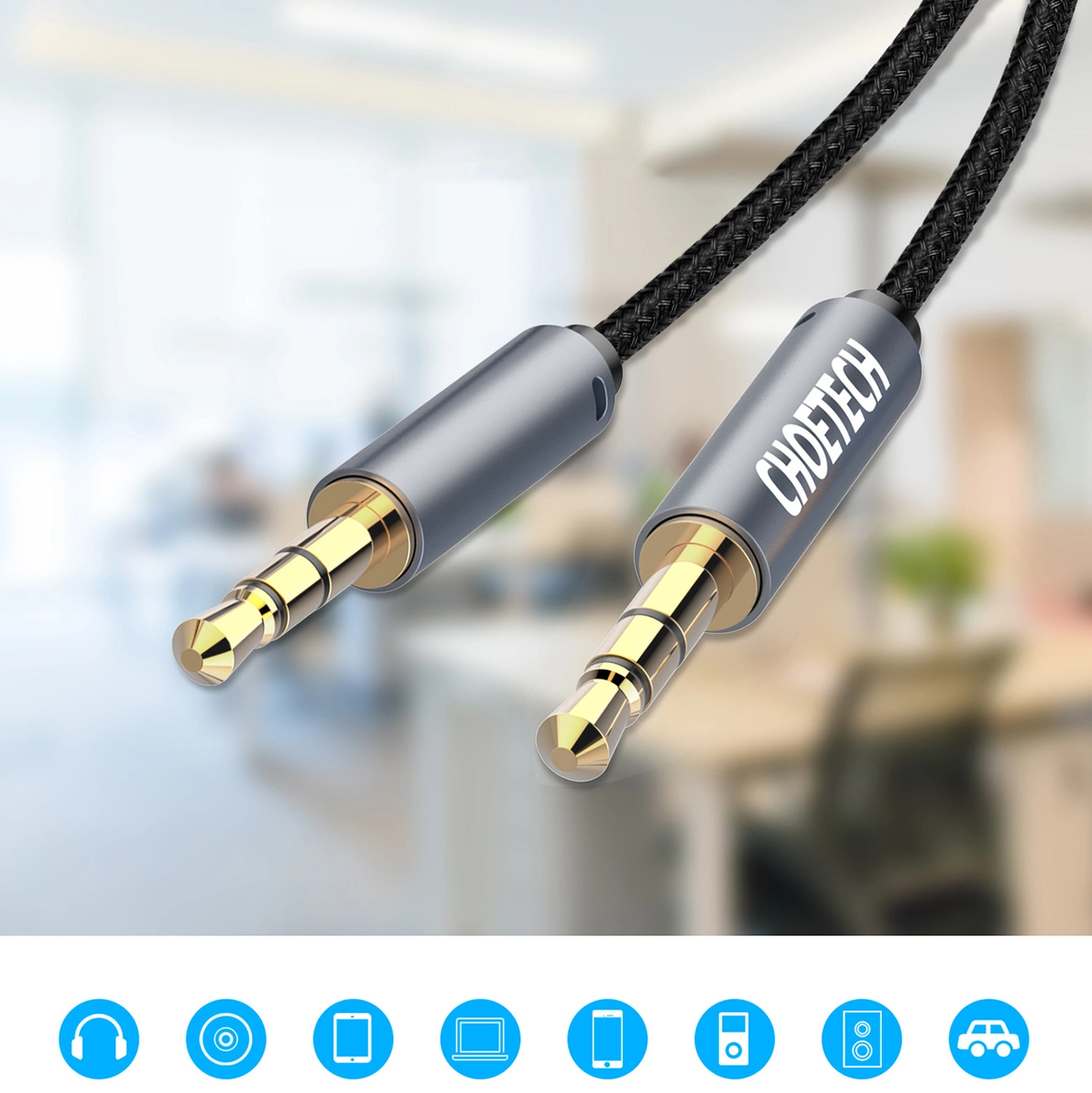 Primer plano de los extremos del cable Choetech AUX002