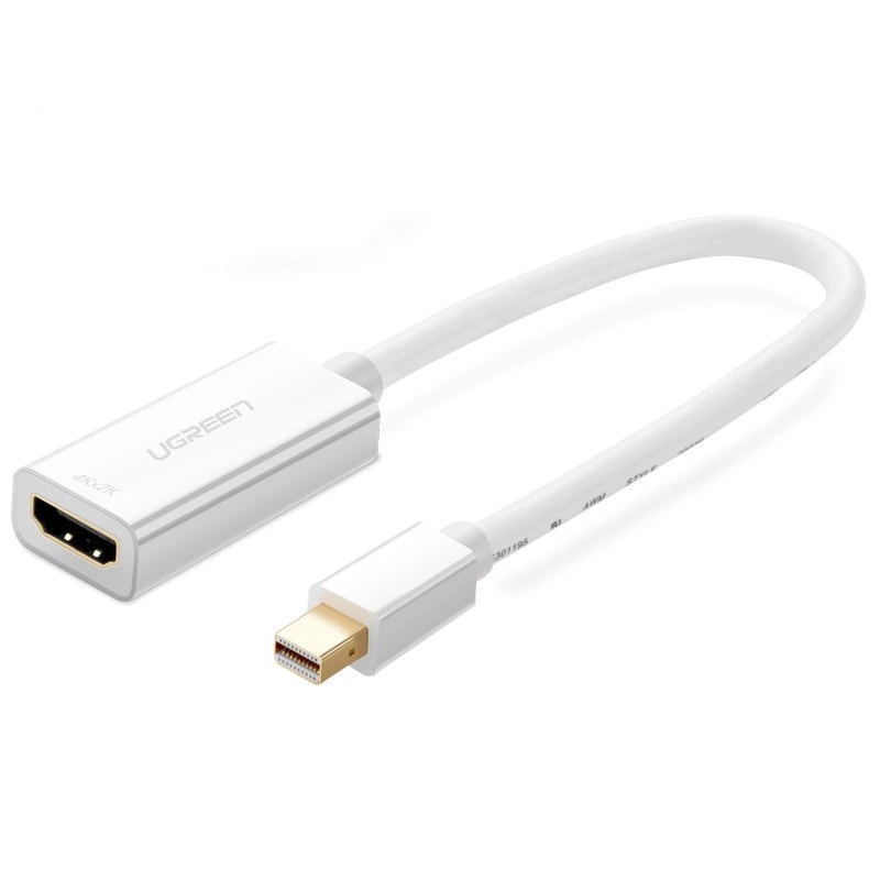 Adaptateur Ugreen MD112 avec connecteurs mini DisplayPort (mâle) et HDMI (femelle) et résolution Full HD 1080p sur fond blanc