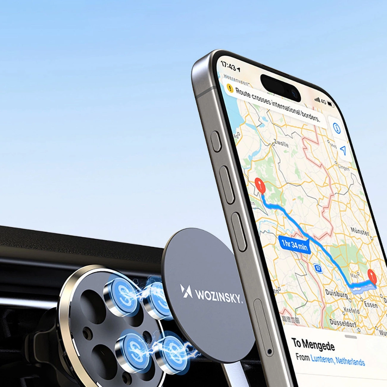 iPhone atraído al soporte magnético para coche Wozinsky WUMKO montado en la rejilla de ventilación del coche mediante imanes potentes