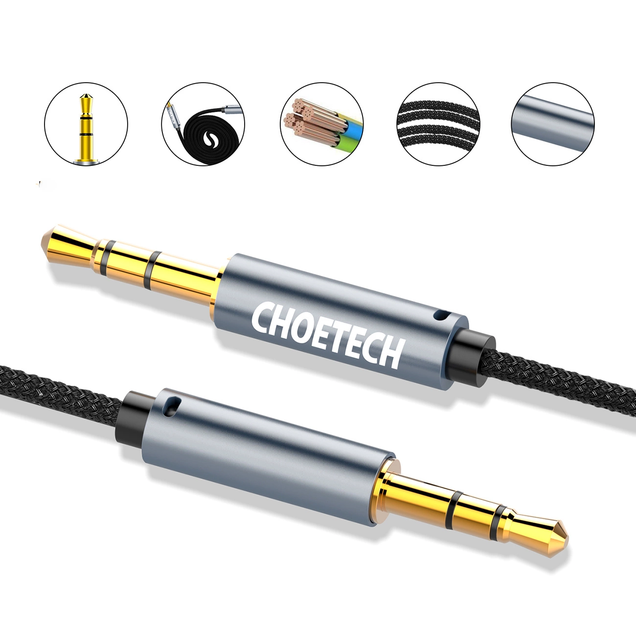 Primer plano de los extremos del cable Choetech AUX002