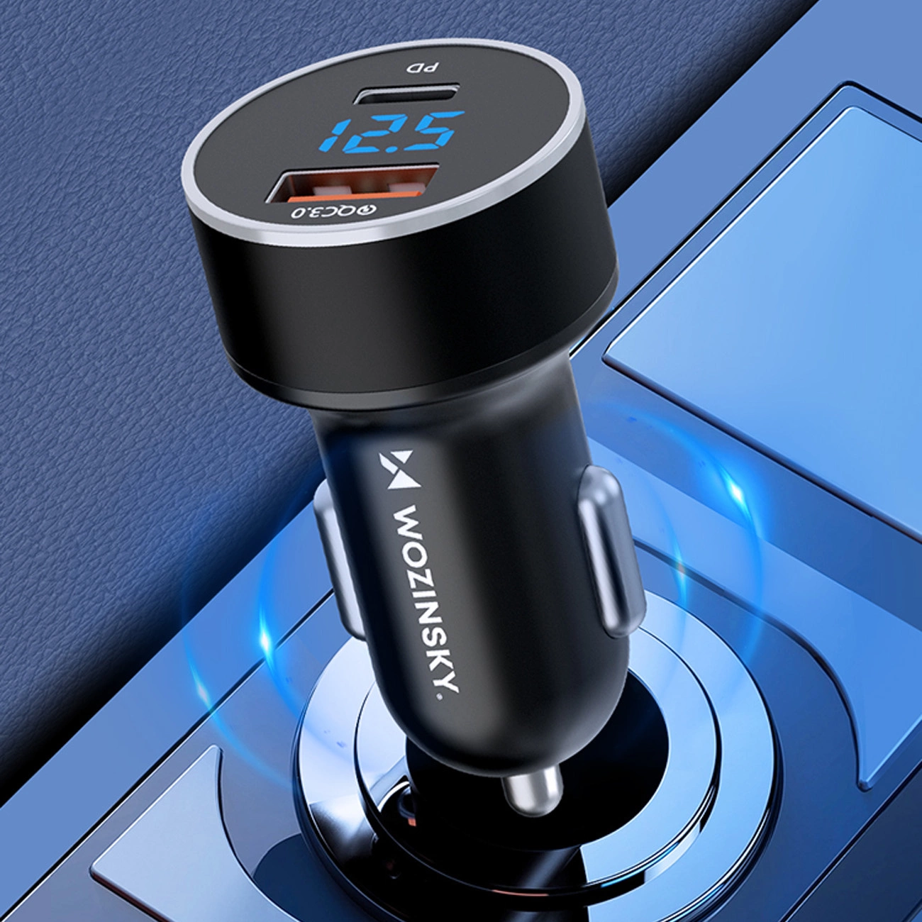 Wozinsky WDCCAC Autoladegerät mit 2 Anschlüssen (USB-C, USB-A) mit einer Leistung von bis zu 36 W, wird an den Zigarettenanzünder angeschlossen