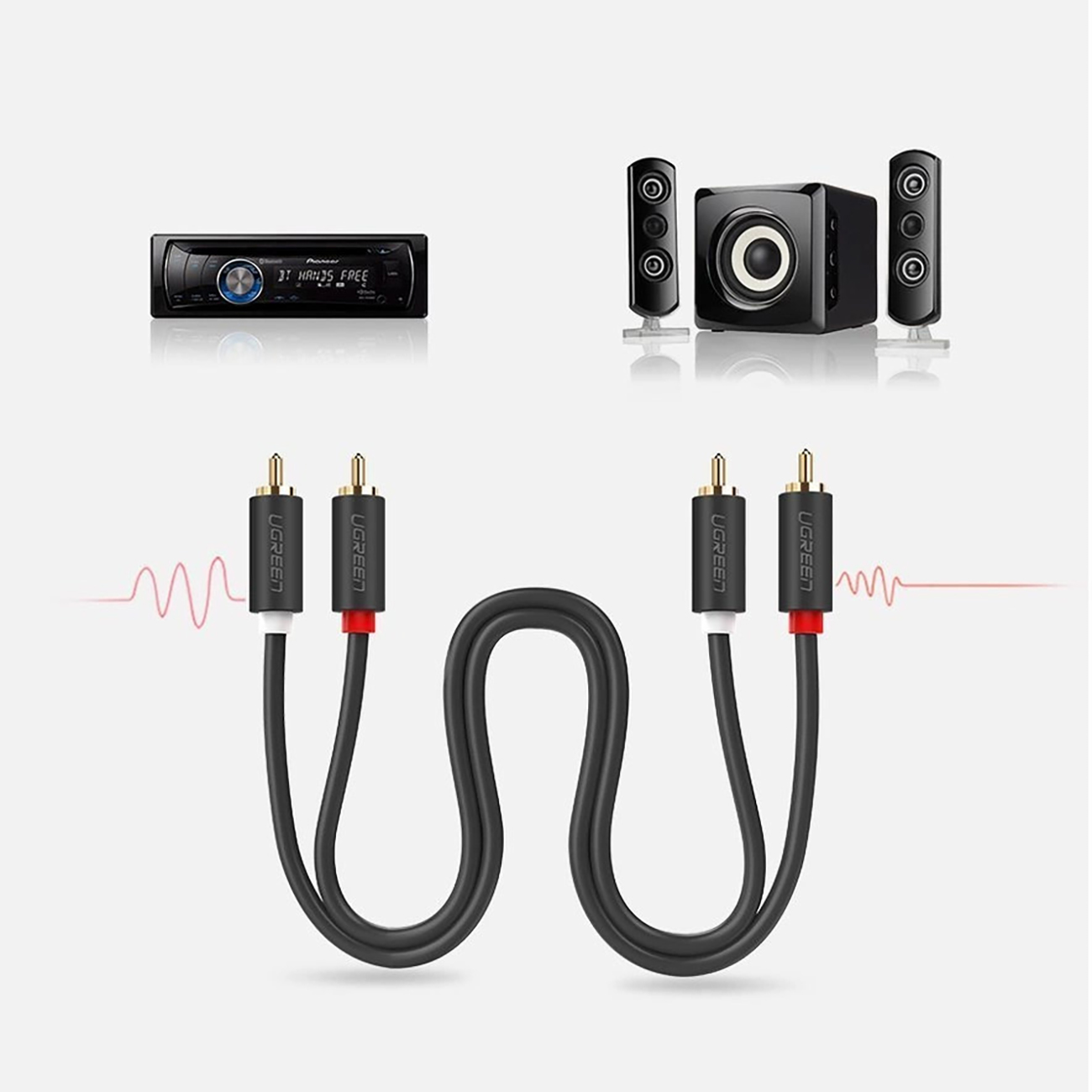 Kabel Ugreen AV104 30747 na tle zestawu stereo oraz radia samochodowego 1-dim