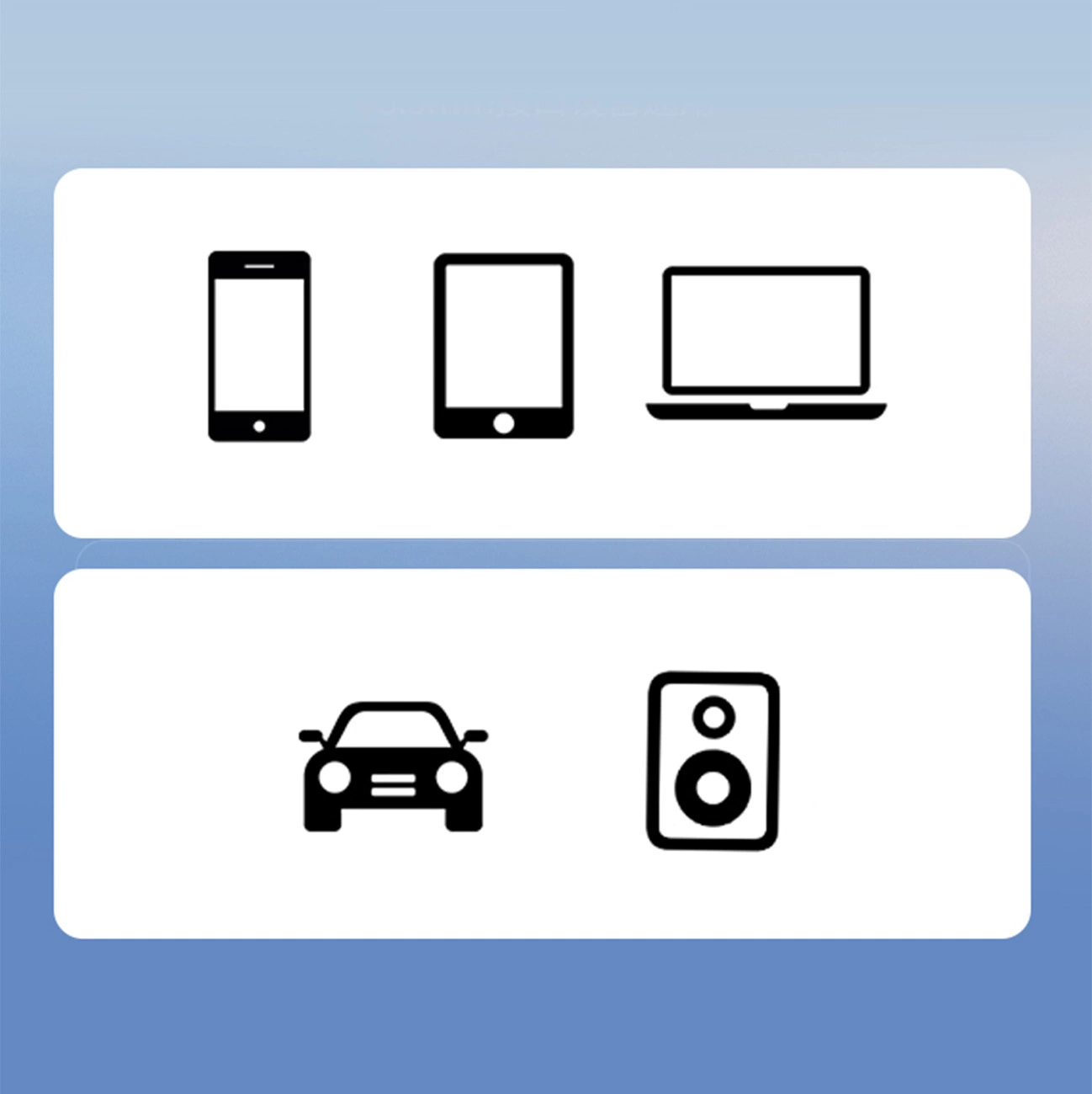 Icons showing the universality of the Wozinsky wtodb audio adapter with Bluetooth 5.3 receiver and AUX connector, from the left - smartphone, tablet, laptop, car, speaker