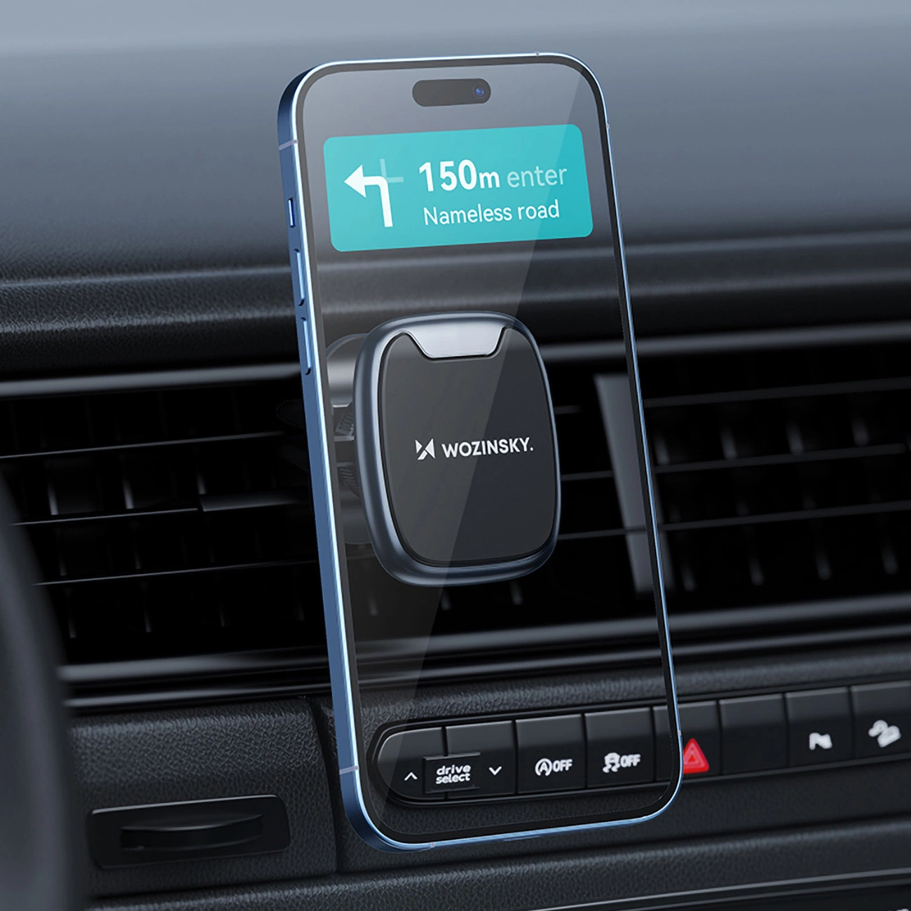iPhone sujeto al soporte Wozinsky WUMTK ubicado en la rejilla de ventilación del automóvil