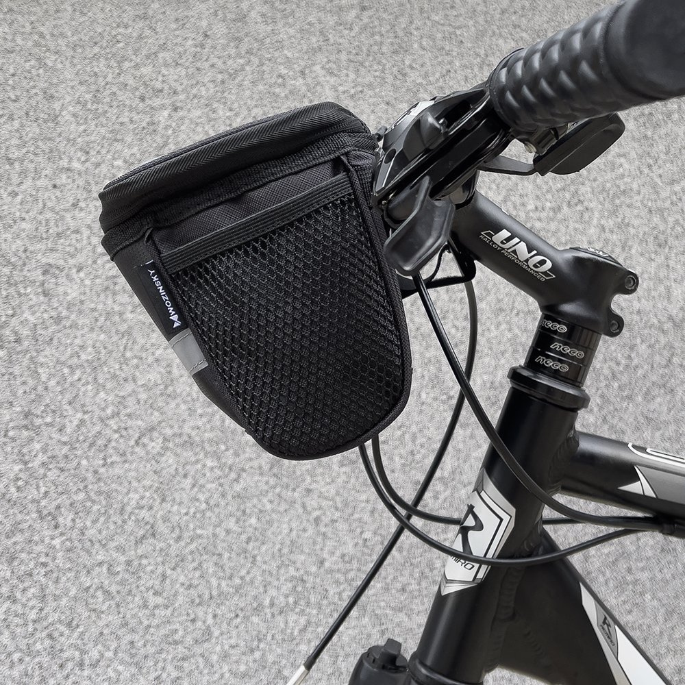 Metodo a tre punti per il montaggio della borsa da manubrio per bicicletta Wozinsky WBB12BK per telefono