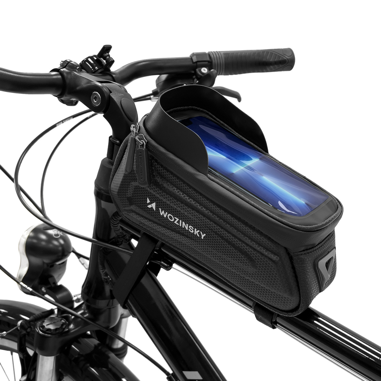 Borsa da telaio Wozinsky WBB28BK con custodia per telefono montata su una bicicletta