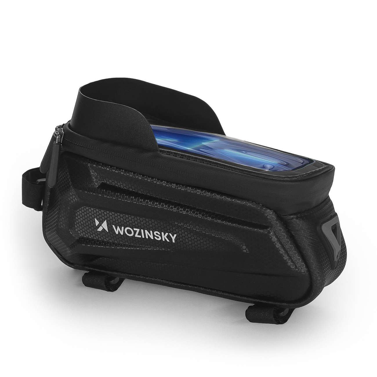 Borsa da telaio per bici Wozinsky WBB28BK con custodia per telefono vista di lato
