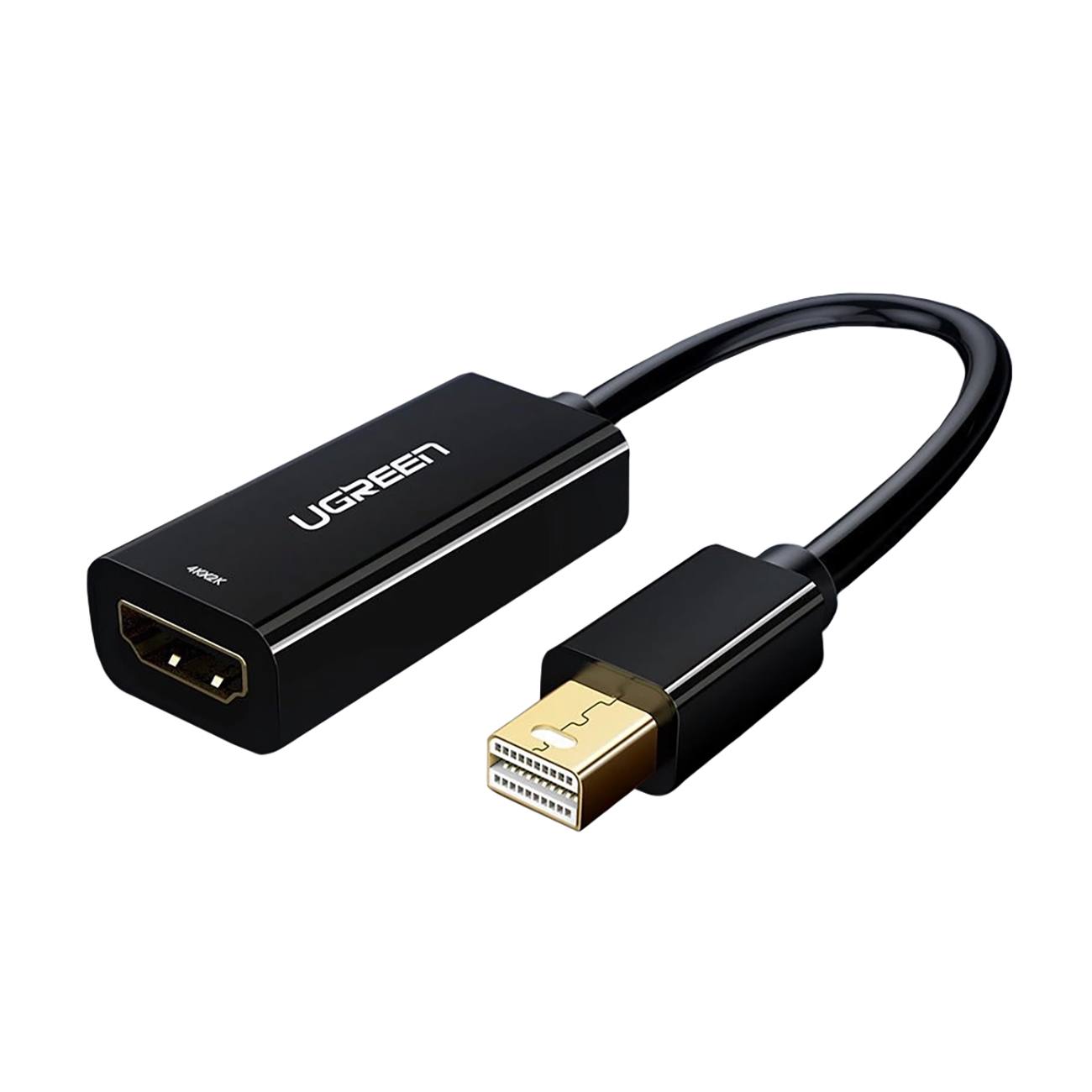 Adaptador Ugreen MD112 10461 con conectores mini DisplayPort (macho) y HDMI (hembra) con resolución Full HD 1080p sobre fondo blanco