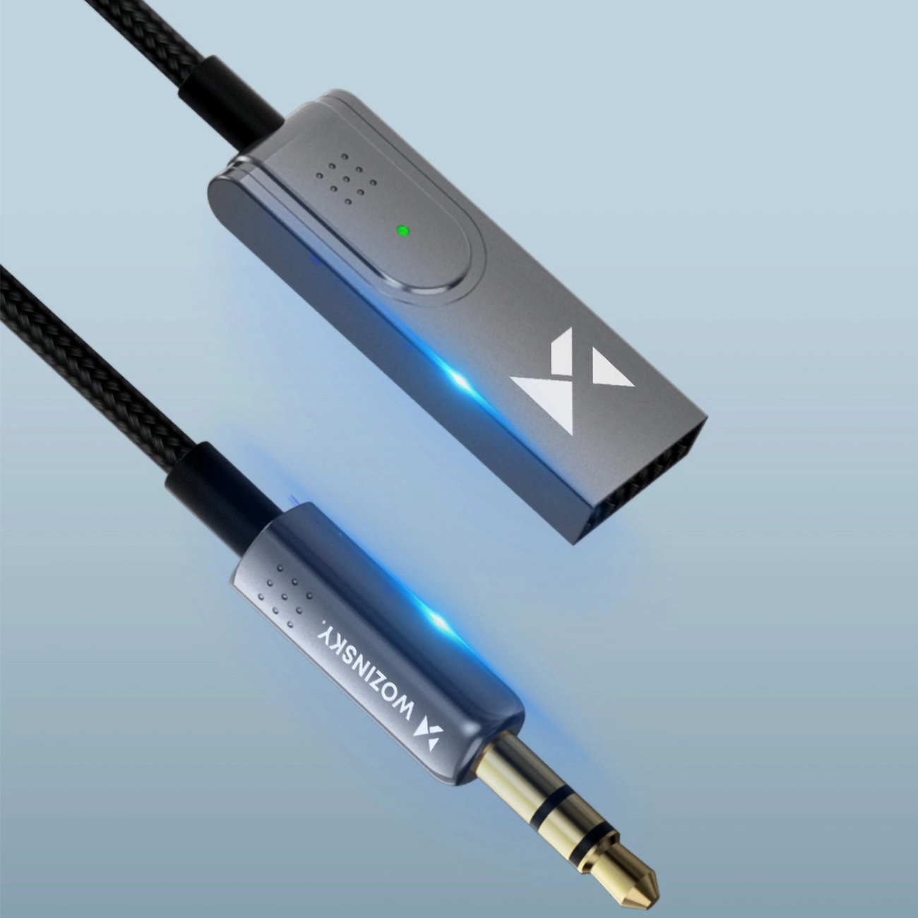 Wozinsky wtodb Audioadapter mit Bluetooth 5.3-Empfänger und AUX-Anschluss auf blauem Hintergrund