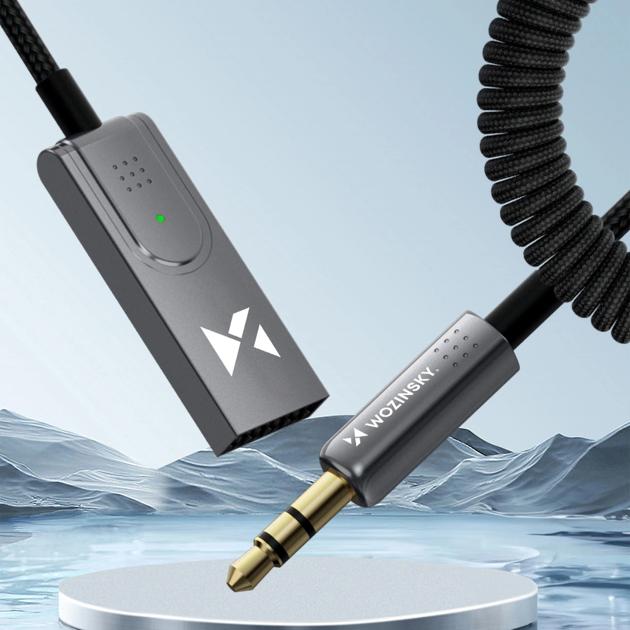 Wozinsky wtodb Audioadapter mit Bluetooth 5.3-Empfänger und AUX-Anschluss vor Bergkulisse