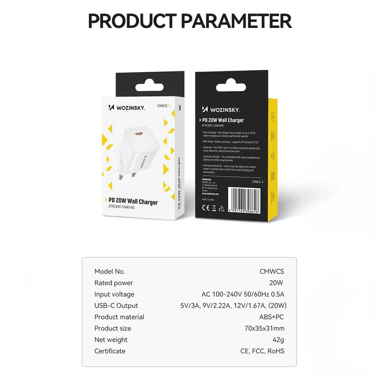 Verpackungspräsentation des Wozinsky CMWCS USB-C PD 20W Wandladegeräts