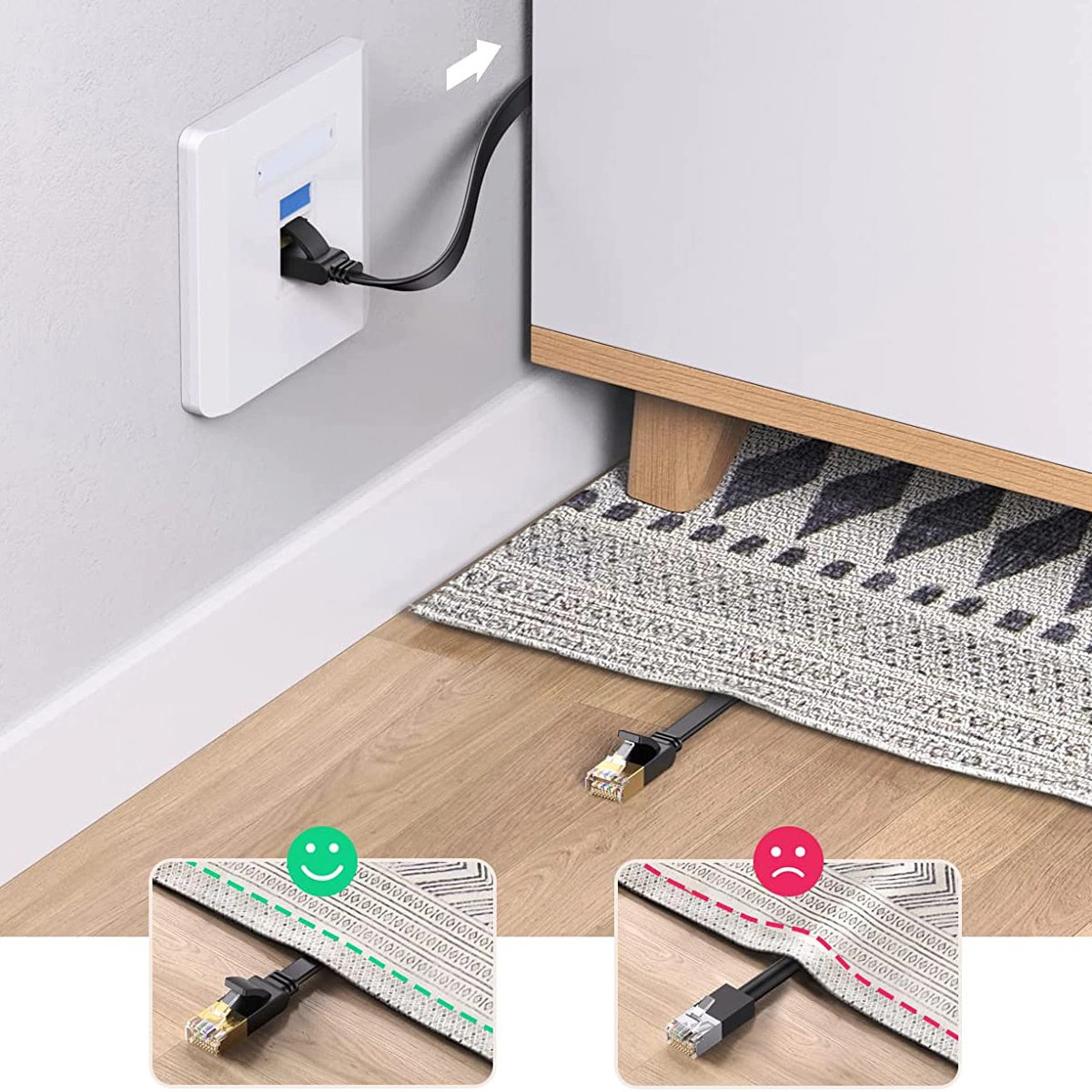 Ugreen NW102 Flachnetzwerkkabel, das unter dem Teppich an der Wand entlangführt