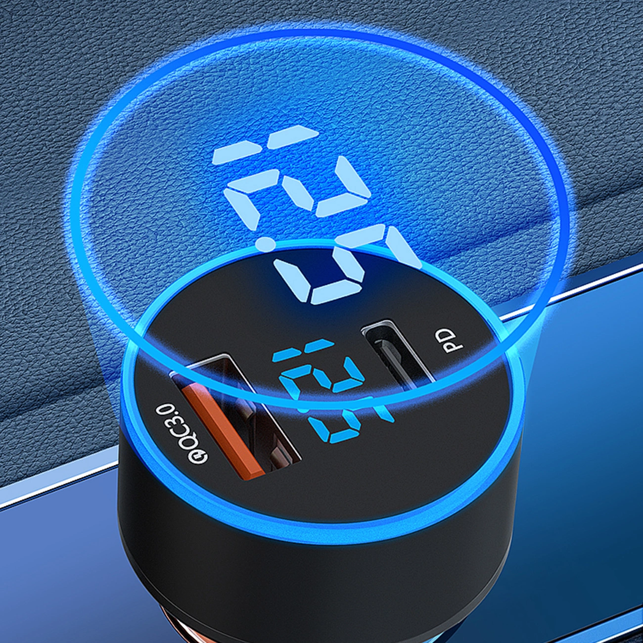 Futuristische Grafik, die das in das Wozinsky WDCCAC Autoladegerät mit 2 Anschlüssen (USB-C, USB-A) und einer Leistung von bis zu 36 W integrierte Digitaldisplay zeigt
