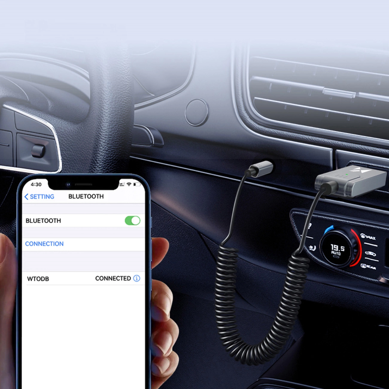 iPhone-Kopplung mit dem Wozinsky wtodb Audioadapter mit Bluetooth 5.3-Empfänger und AUX-Anschluss