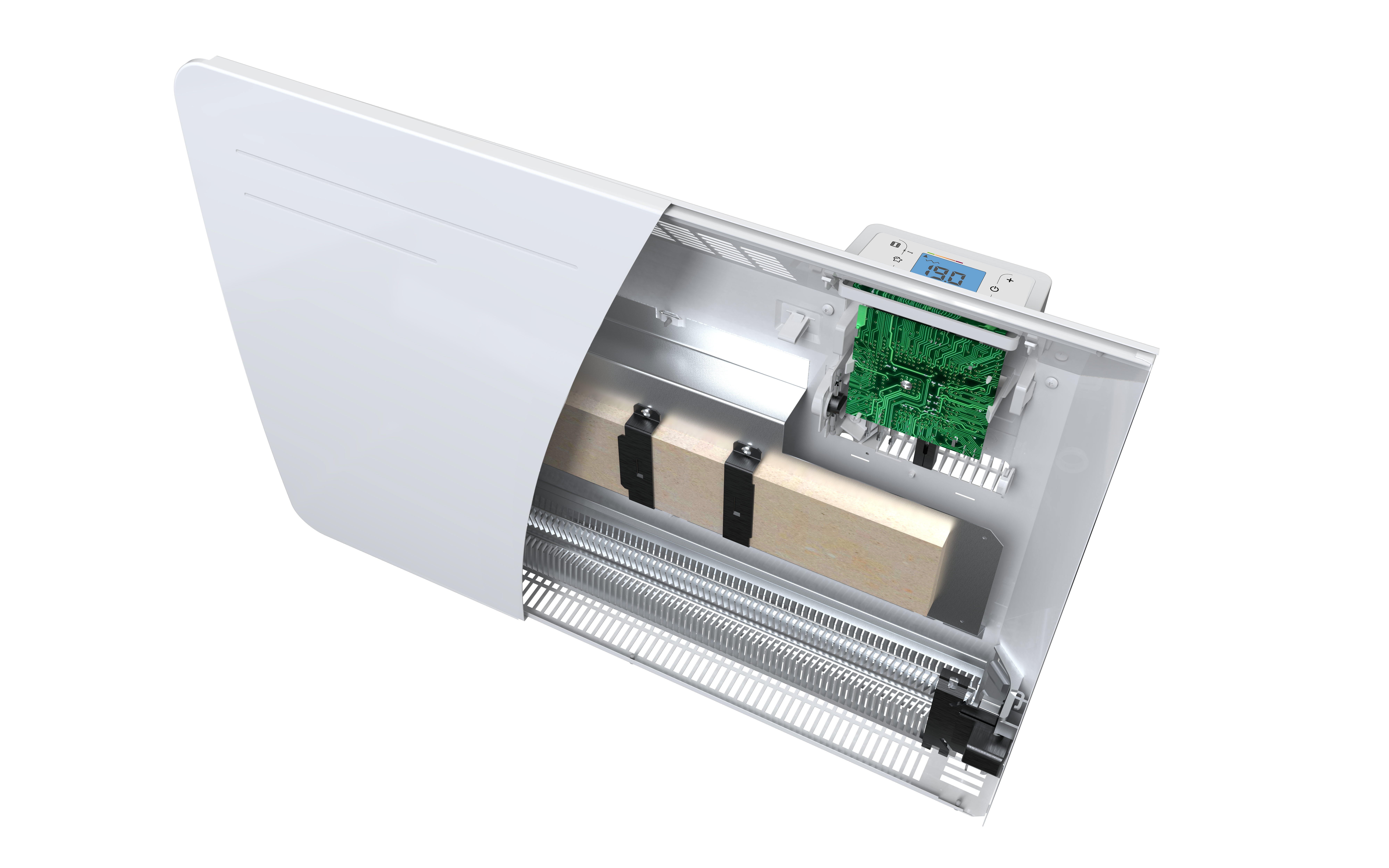 Vue éclatée du radiateur Airelec EVOLUS 1000W : corps de chauffe céramique et élément chauffant monobloc aluminium