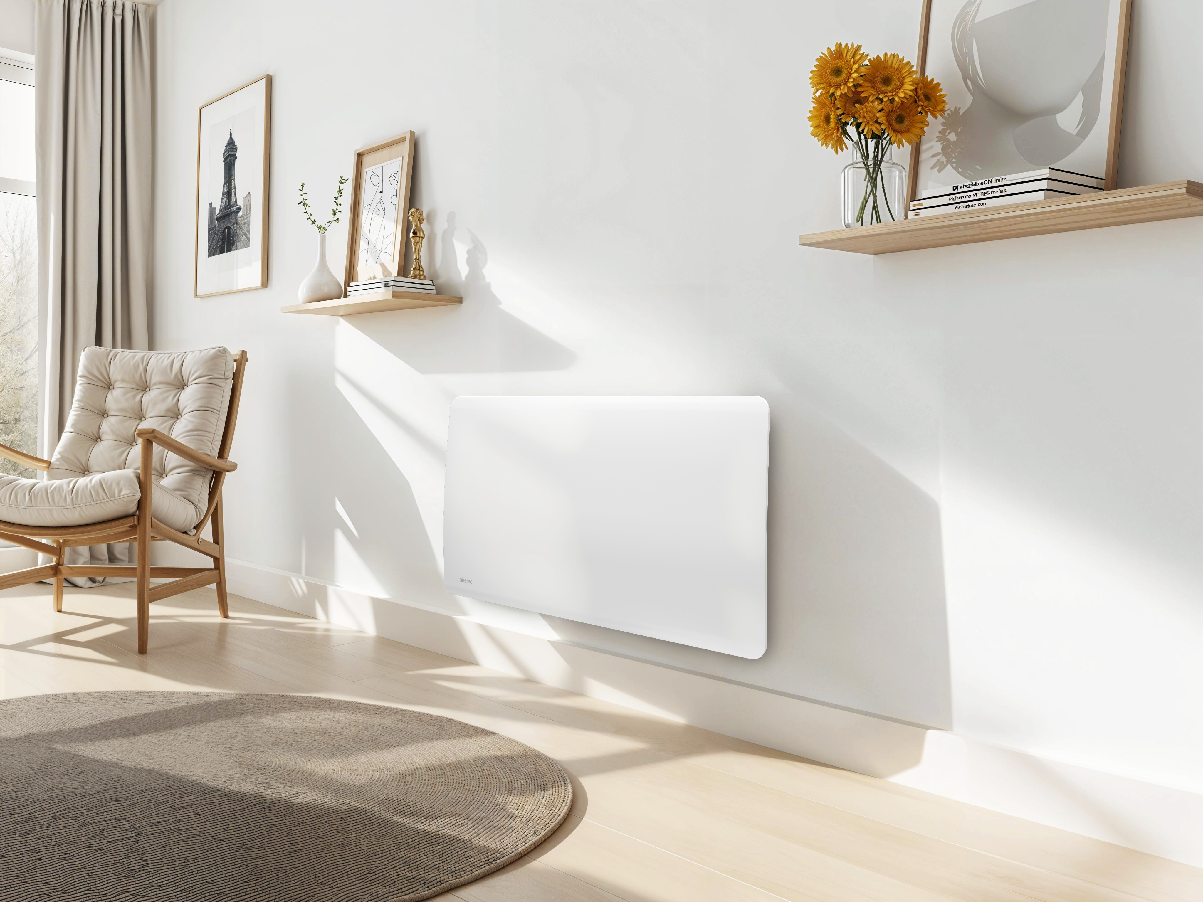 Radiateur à inertie céramique connecté Airelec BASTILLE 1500W blanc en situation