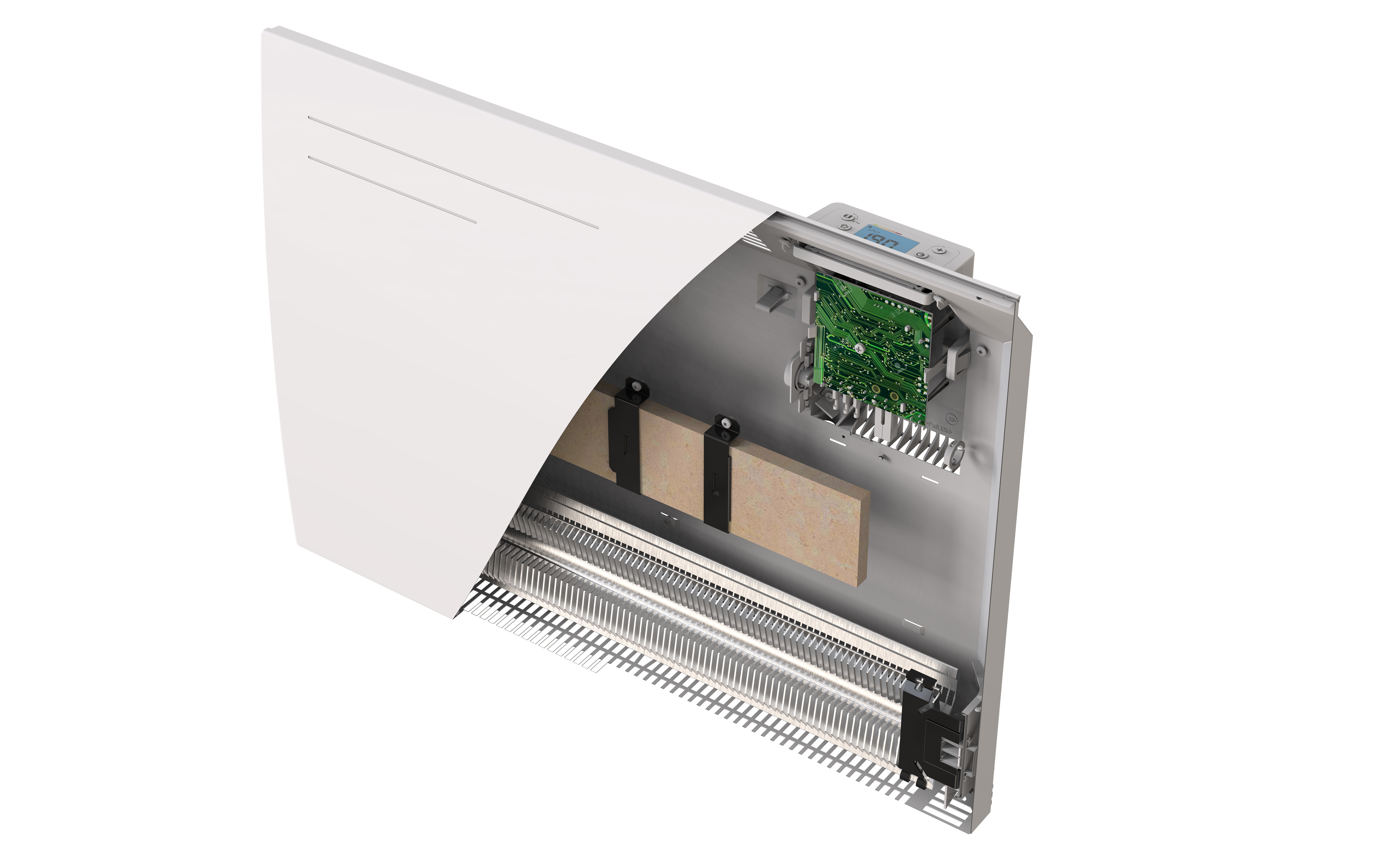 Vue éclatée du radiateur Airelec MEDIAN 1500W : corps de chauffe céramique et élément chauffant monobloc aluminium