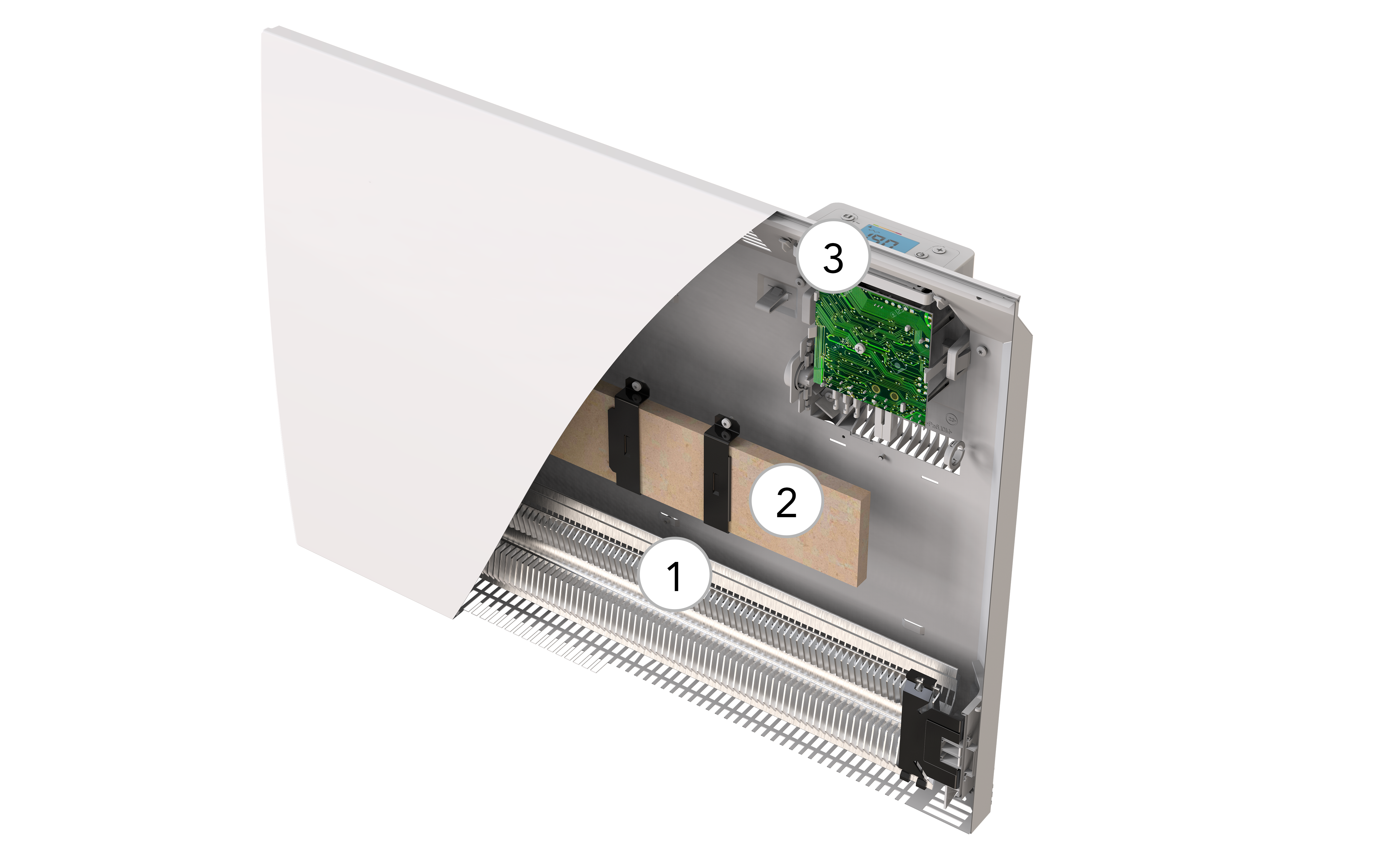 Vue éclatée du radiateur Airelec MERIDIEN 1000W : cœur de chauffe aluminium et bloc céramique