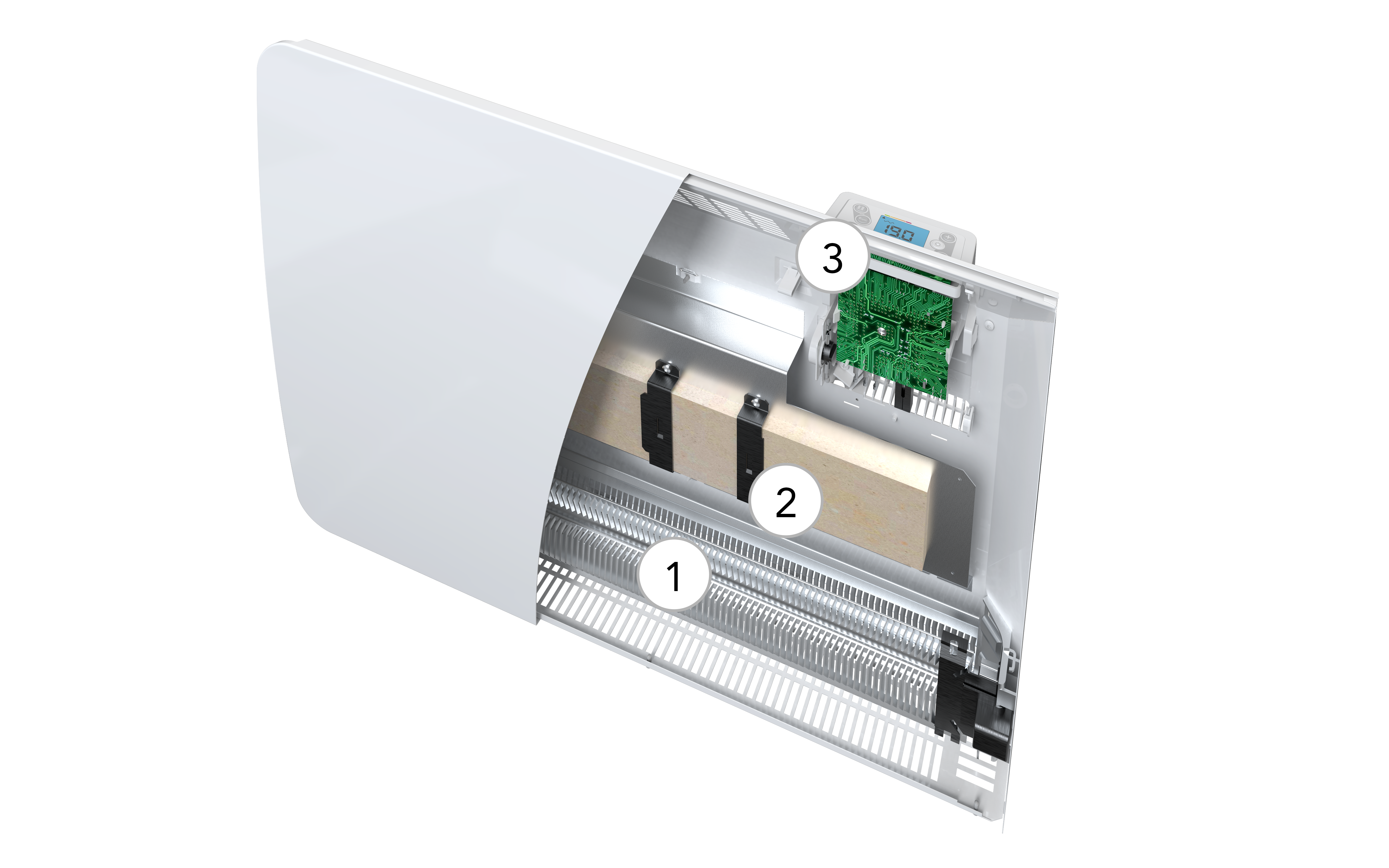 Vue éclatée du radiateur Airelec BASTILLE 1500W : corps de chauffe céramique et élément chauffant monobloc aluminium