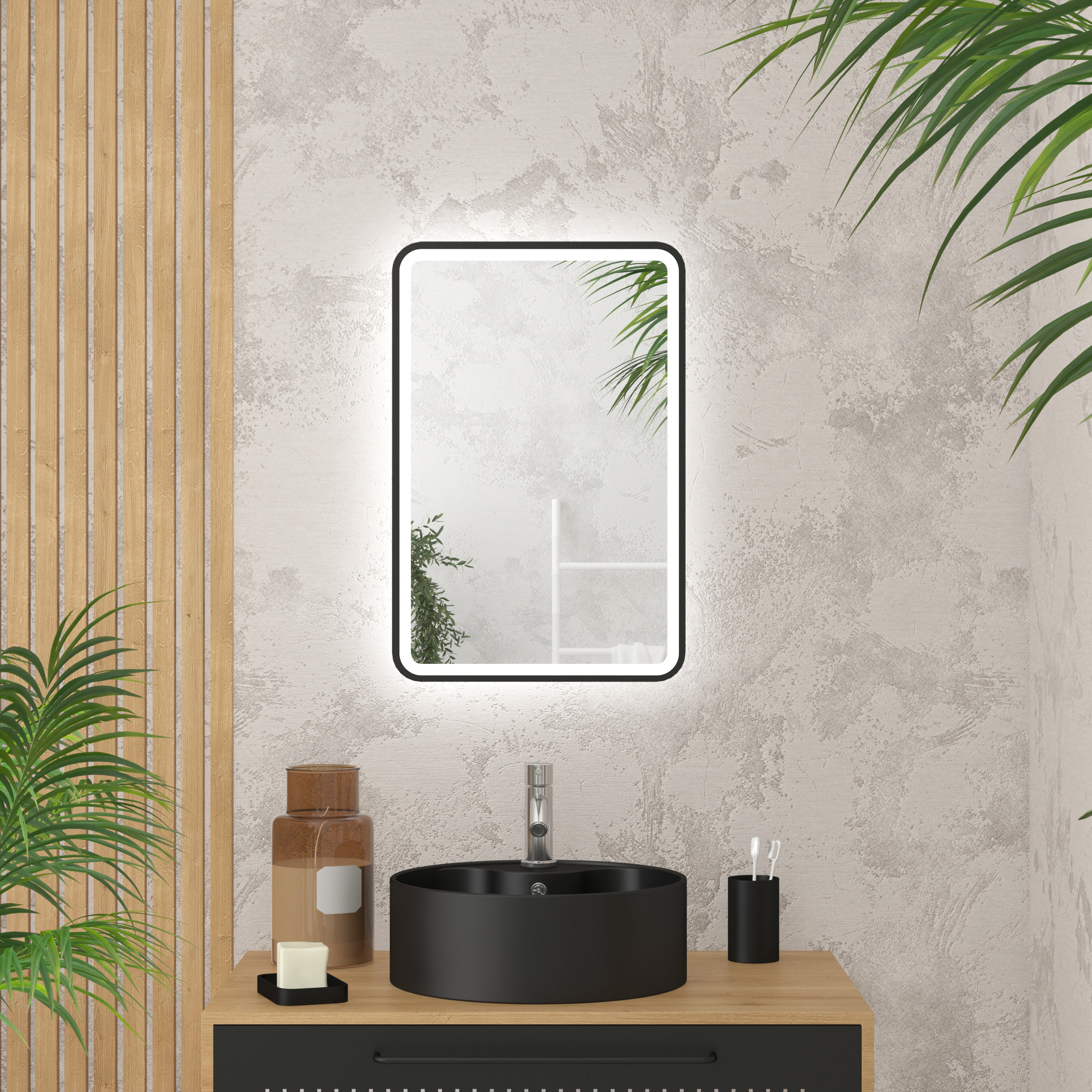 Miroir salle de bain avec eclairage LED et contour noir - 40x60cm