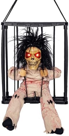 GGXDH Animierte Halloween Deko mit Bewegungsmelder, Schreiender Totenkopf‑Käfig mit Leuchtenden Augen & Gruseligen Geräuschen, Spukhaus Horror Requisit für Halloween Party