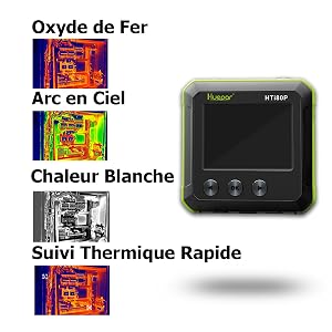 2. Base magnétique forte & Rainures en V ●SUIVI RAPIDE DE CHALEUR: La fonction de suivi rapide de la chaleur est pratique pour les utilisateurs de sélectionner rapidement l'emplacement à haute température.  ●PALETTES DE TROIS COULEURS: Il y a trois modes différentes pour vous choisir - Mode Arc-en-ciel, Rouge de fer et Chaleur blanche. Le mode « Arc-en-ciel » se concentre sur les couleurs d'affichage et convient aux conditions de contraste élevé afin d’améliorer le contraste des couleurs entre les températures élevées et basses. Le mode « Rouge de fer » fournit une palette de couleurs linéaires uniformes, conçu pour observer le changement progressif de la température. Le mode « Chaleur blanche » peut être utilisé dans le cas de différences de température élevées et basses entre les objets à mesurer.