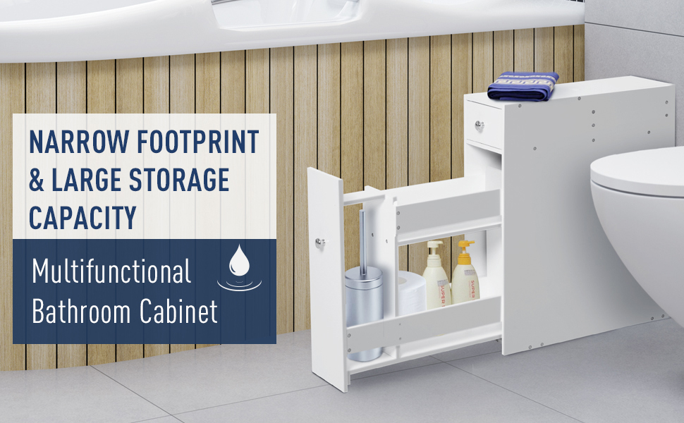 Slim Floor Narrow Wooden Storage with Drawers Bathroom White