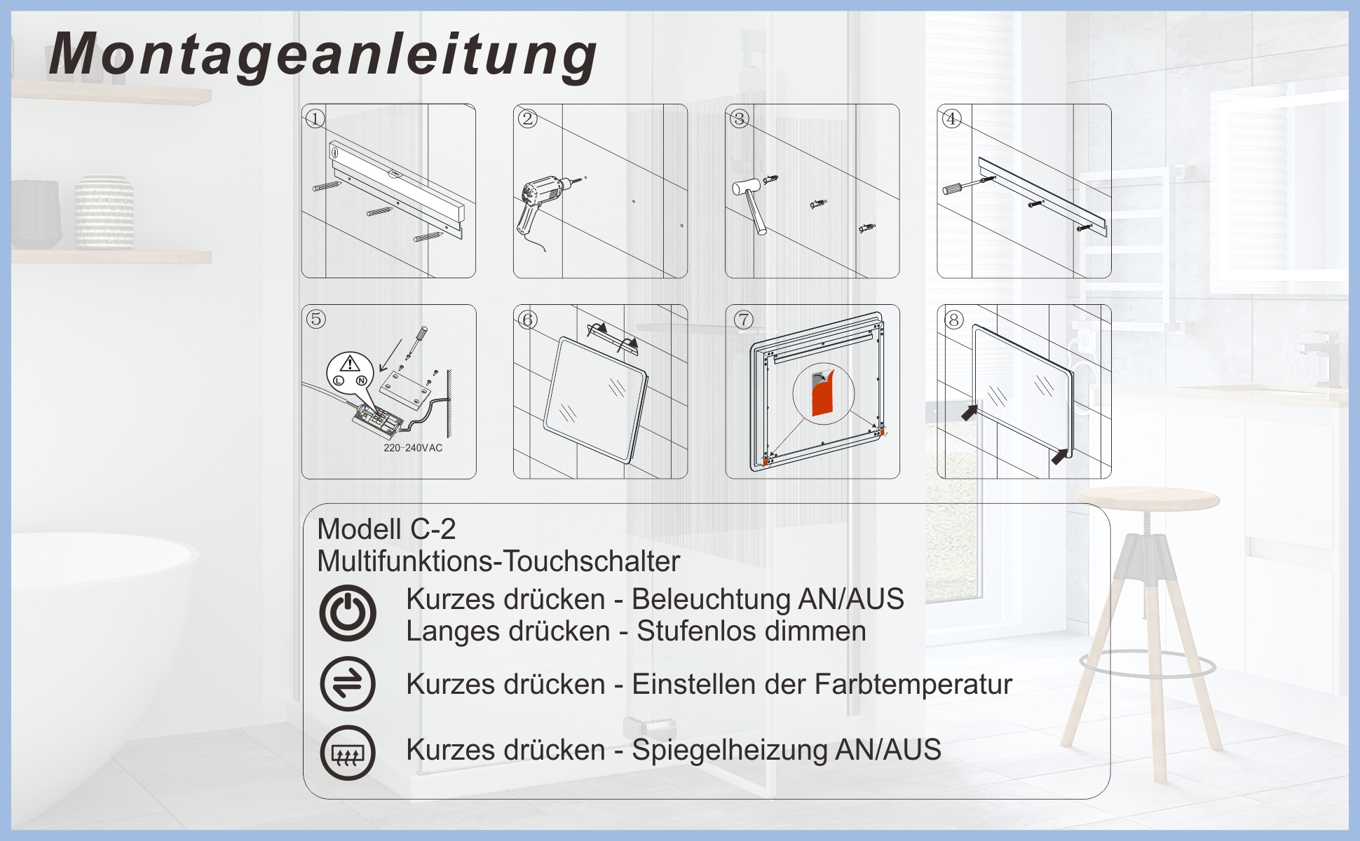 Badspiegel mit LED Beleuchtung Schwarz Rahmen 100x70cm SAUTENS Typ C