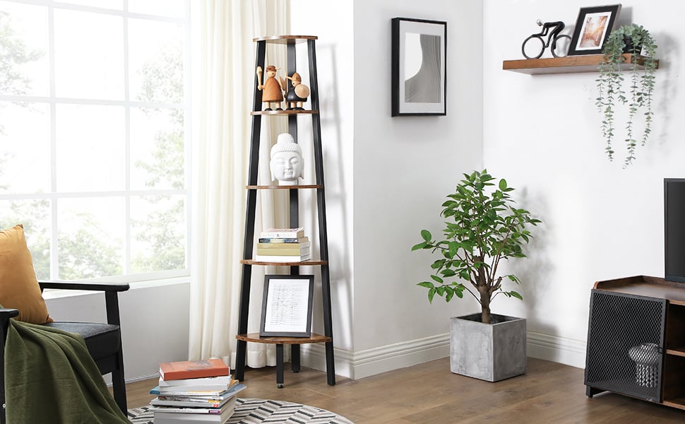 VASAGLE Corner Shelf, 5Tier Industrial Ladder Bookcase, Storage Rack