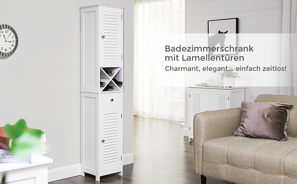 VASAGLE Badezimmerschrank, Hochschrank, Badschrank mit 2 Lamellentüren