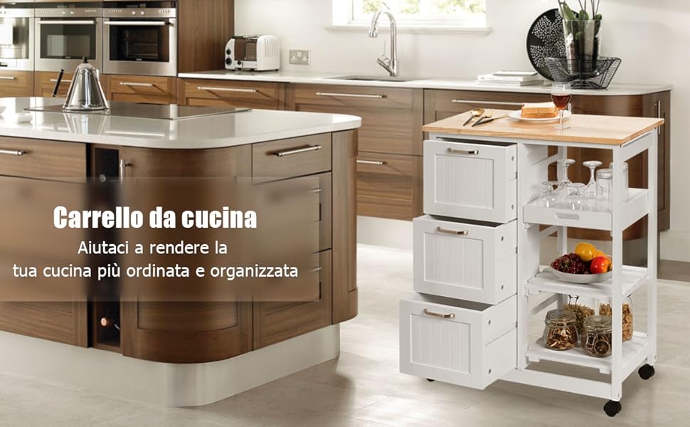 Carrello Cucina Multiuso Con Ruote | 4 Ripiani + 3 Cassetti | Mobile Bianco Per Casa E Ristorante - Foto 5