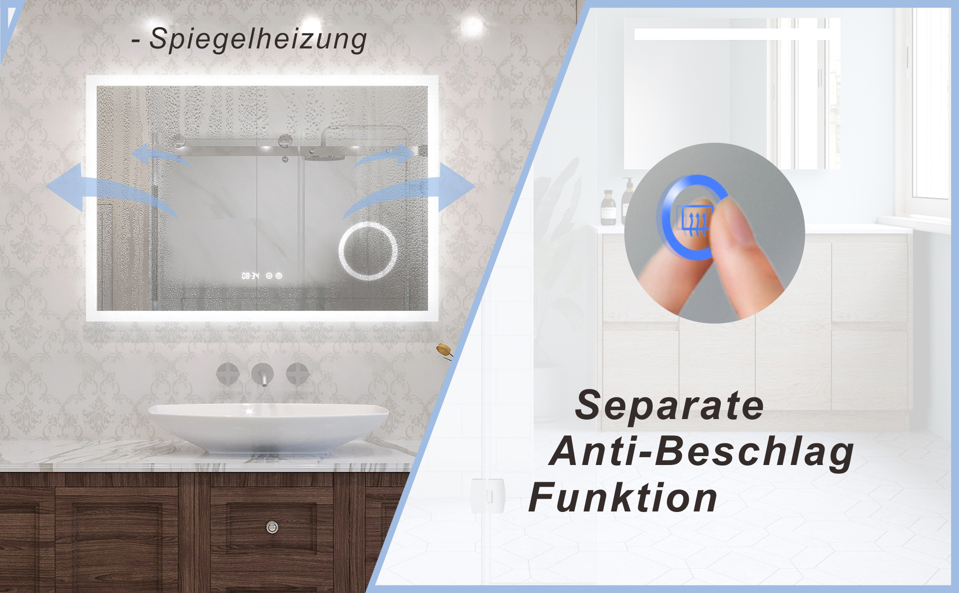 Badspiegel mit LED Beleuchtung Licht und Uhr 100x70cm ECHOS Typ D