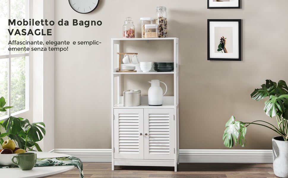 VASAGLE Mobile da Bagno, Armadietto da Bagno con 2 Ripiani Aperti e 2 Ante,  60 x 32,5 x 122 cm, per Soggiorno, Cucina, Studio, Ingresso, Bianco Opaco  BBC81WT : : Casa e cucina