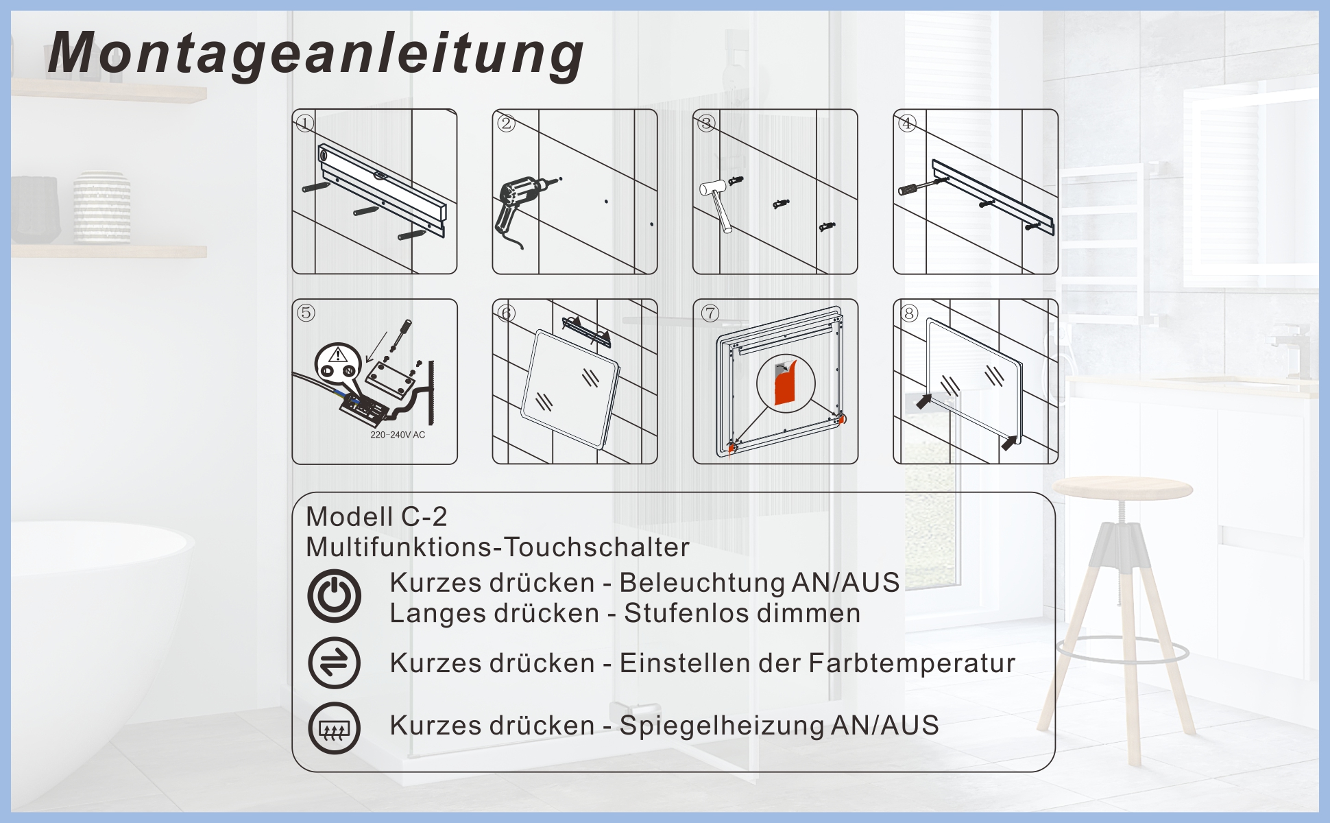 Badspiegel mit LED Licht Schwarzer Rahmen 60x80cm SAUTENS Typ C