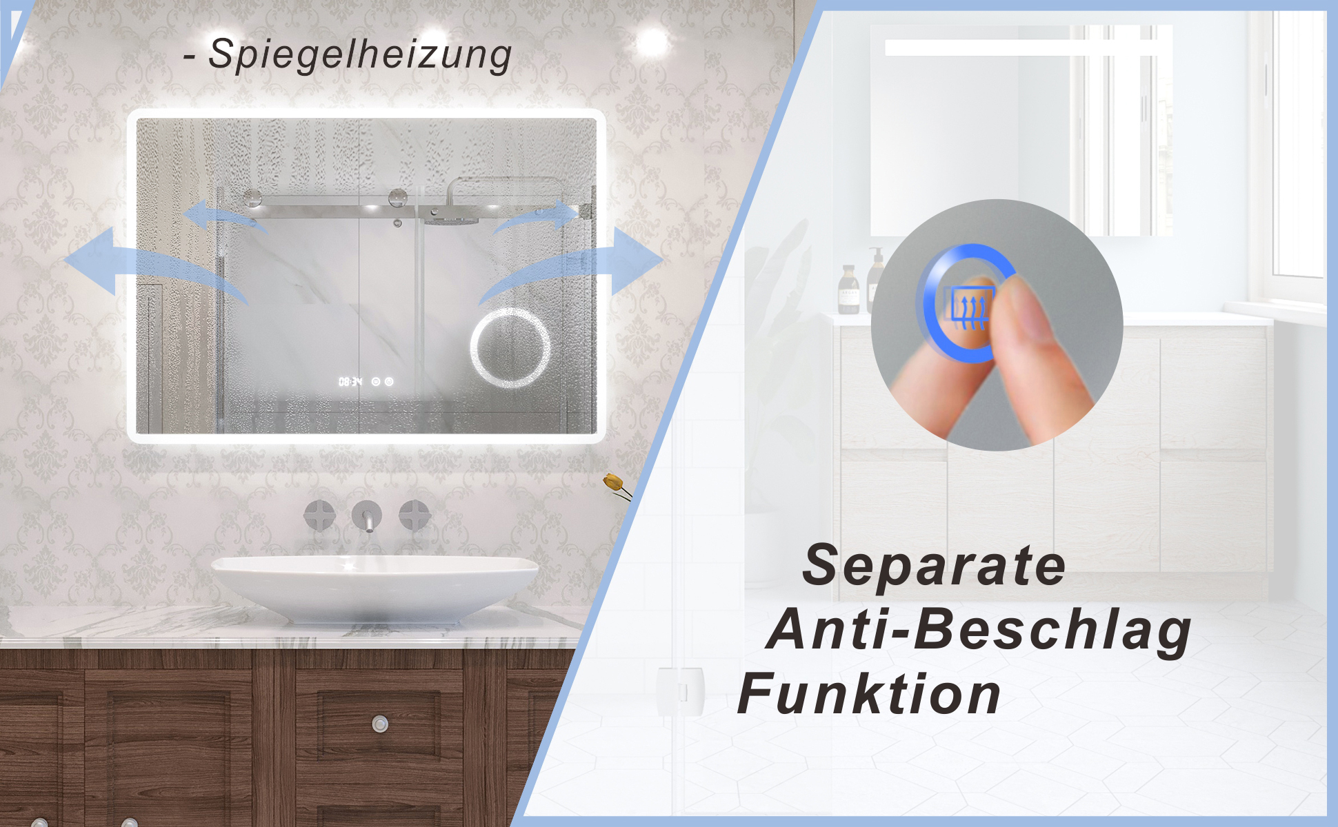 Badezimmerspiegel mit LED Beleuchtung und Uhr 100x70cm BORAS Typ D
