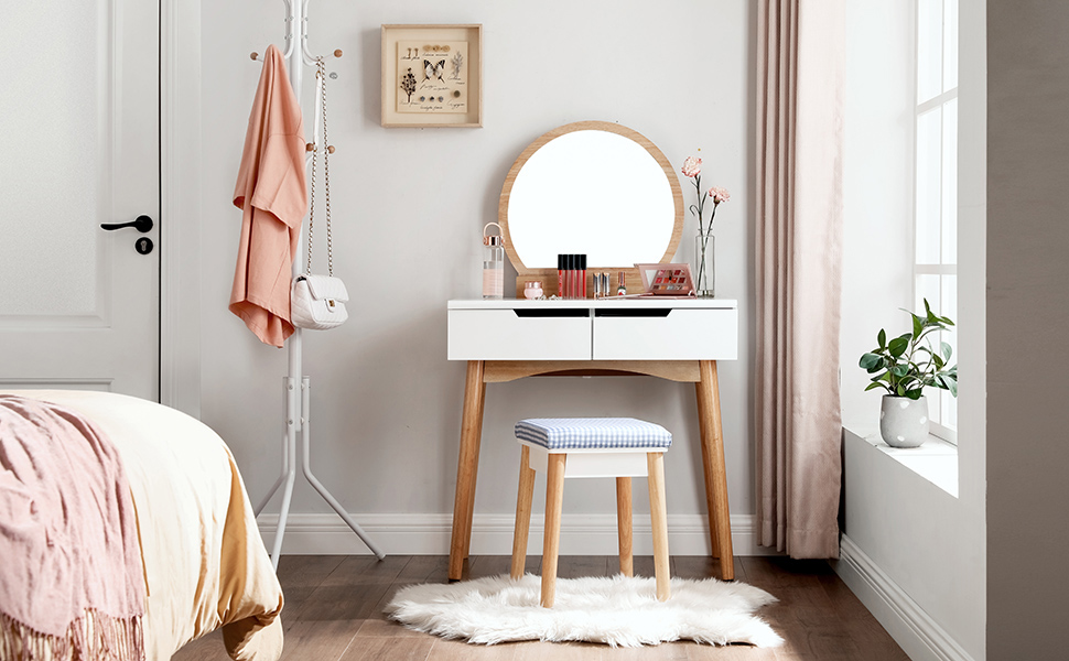 Tocador , 2 cajones Gruesos con raíles, Espejo Ovalado, Color Blanco y