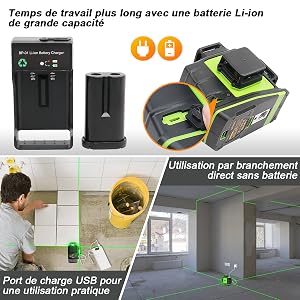 Technologie Dual Power: ●Ce niveau laser adopte une batterie Li-ion rechargeable de grande capacité.
[SENTENCE 31] ●L'outil de niveau peut être utilisé sur le chantier en étant branché directement lors du retrait de la batterie.
[SENTENCE 32] ●Avec le port de chargement USB, le niveau laser peut également être chargé par téléphone, ordinateur portable, banque d'alimentation, chargeur de voiture, etc.
[SENTENCE 33] ●La batterie de secours est GF-LB01 (ASIN: B07NPCYHP6)