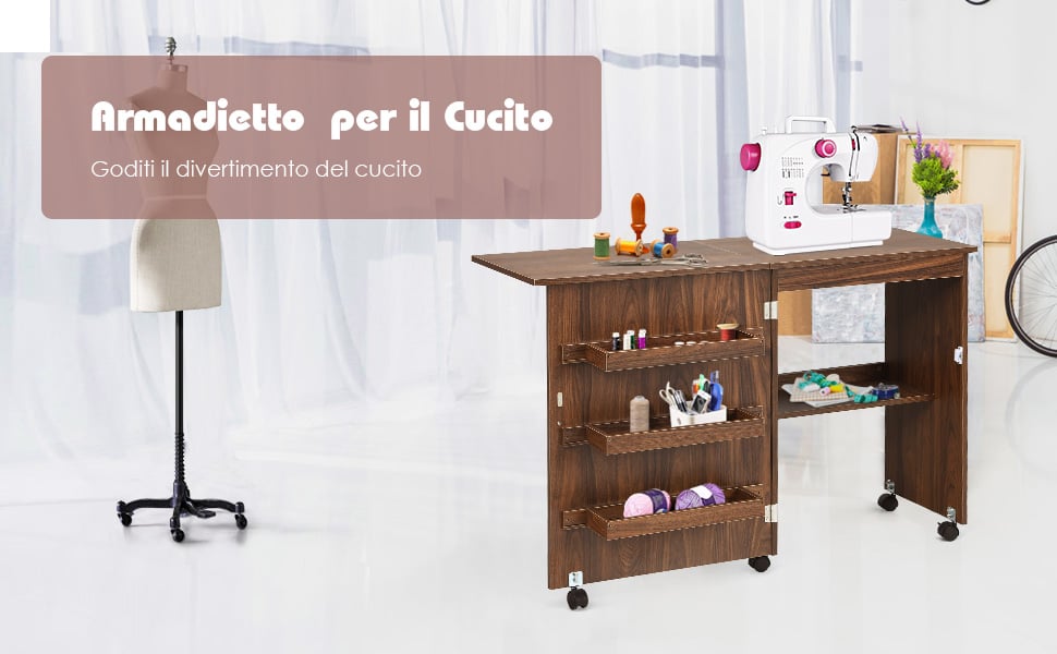 GOPLUS Mobiletto Cucito Pieghevole con Mensole e 5 Ruote Armadietto per  Cucito Tavolo Allungabile per Macchina da Cucire 117x77x40 cm (Marrone  Scuro)