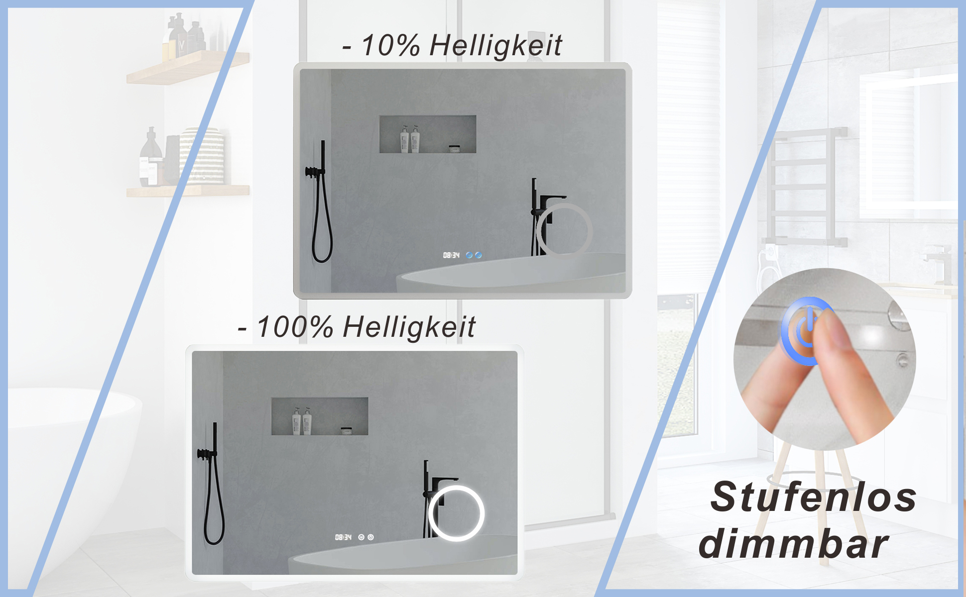 Badezimmerspiegel mit LED Beleuchtung und Uhr 100x70cm BORAS Typ D
