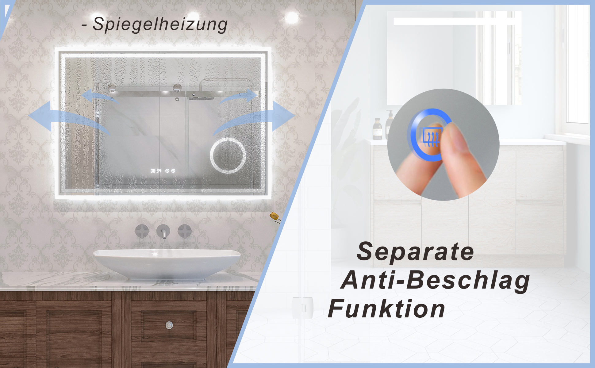 LED Spiegel mit Uhr und Kosmetikspiegel für Bad 100x70cm ESSENS Typ D