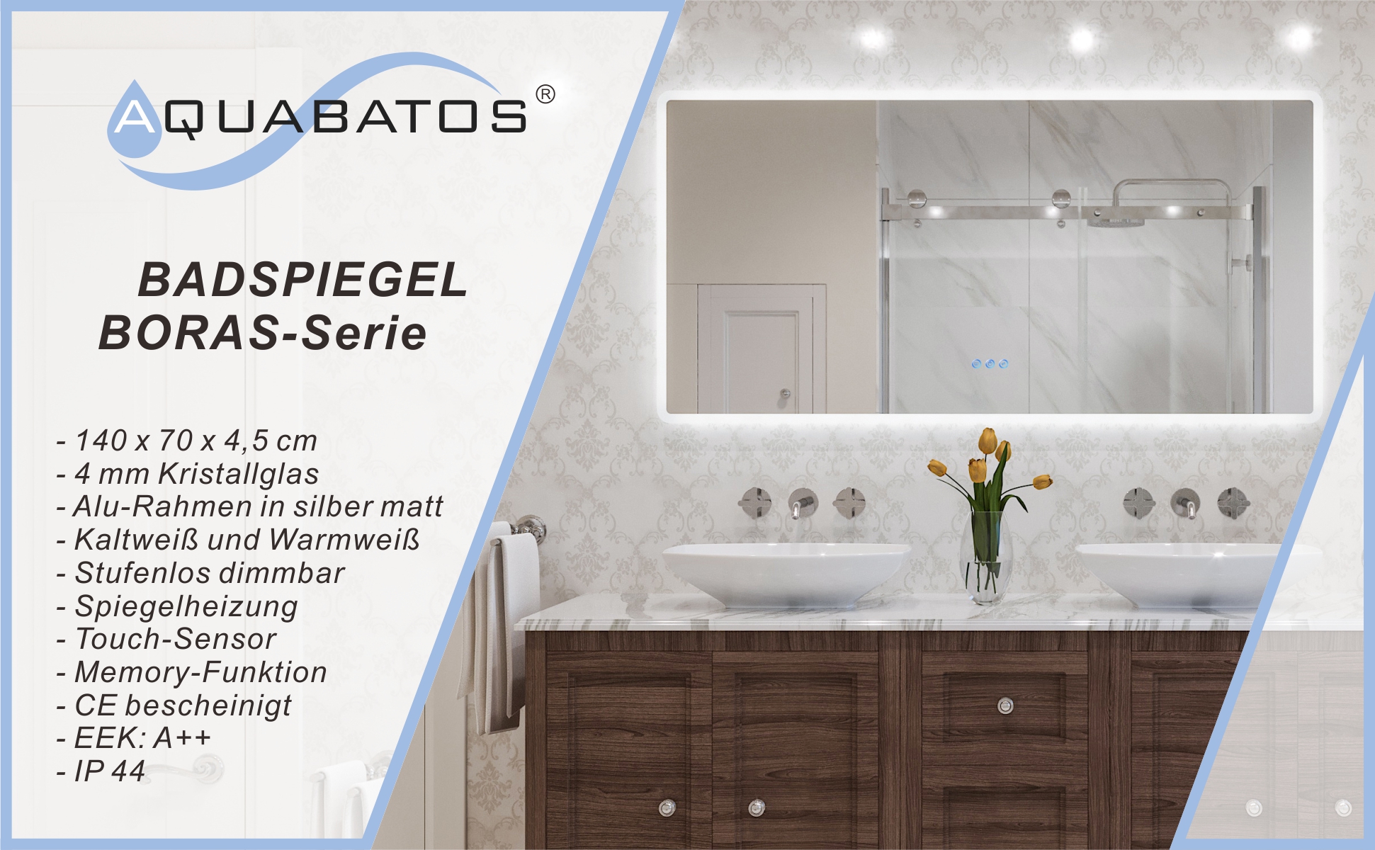 LED Badspiegel mit Beleuchtung groß 140x70cm BORAS Typ C